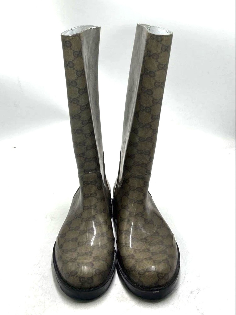 Gucci Brown/Green Monogram Mid-calf Round toe Rain Boots, Size 39/8